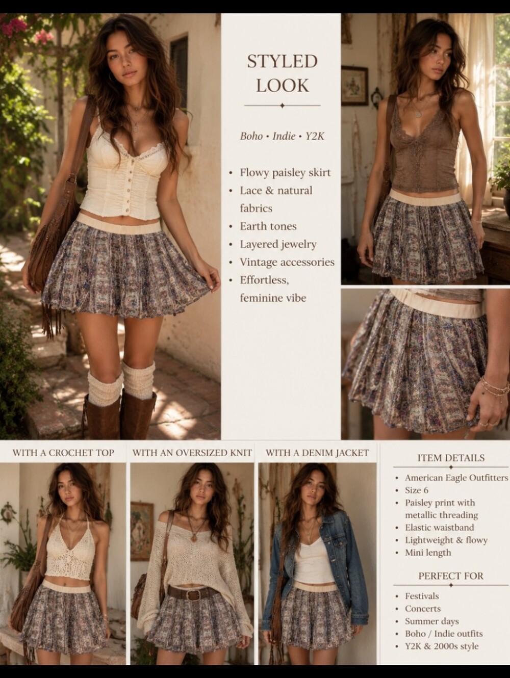 American Eagle Yzk Vimtag Boho Paisley Mini Skirt - Earth Tone Floral Festival S